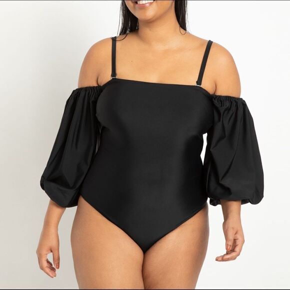 𝅺nwot Eloquii Puff Sleeve Off Shoulder Swimsuit - Picture 1 of 9